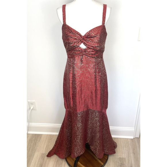 Monique Lhuillier Metallic Cut Out High Low Gown In Maroon Gold Size 10 - Picture 2 of 16
